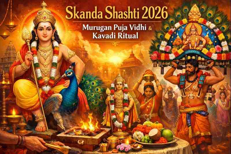 Lord Murugan Skanda Shashti 2026 feature image showing Murugan on peacock, Skanda Shashti Puja, and Kavadi ritual procession