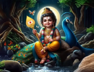 Child deity Murugan sits on a peacock beside a forest stream, moonlit, holding Vel.