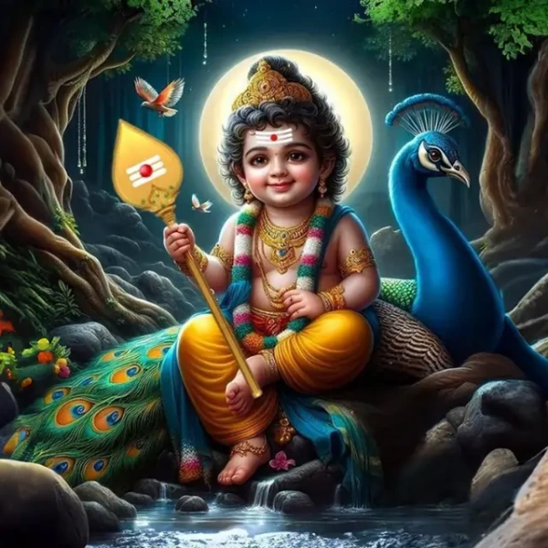Child deity Murugan sits on a peacock beside a forest stream, moonlit, holding Vel.