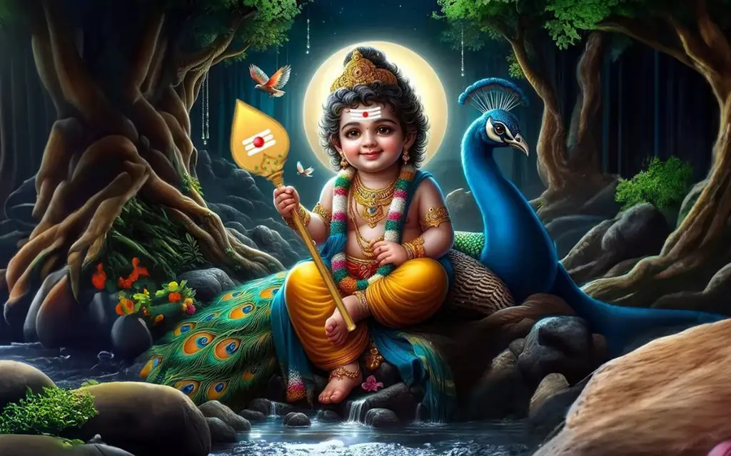 Child deity Murugan sits on a peacock beside a forest stream, moonlit, holding Vel.