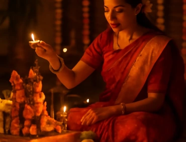 Woman in red sari lighting oil lamps during home puja, surrounded by flowers, sweets, and diyas.