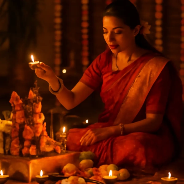 Woman in red sari lighting oil lamps during home puja, surrounded by flowers, sweets, and diyas.
