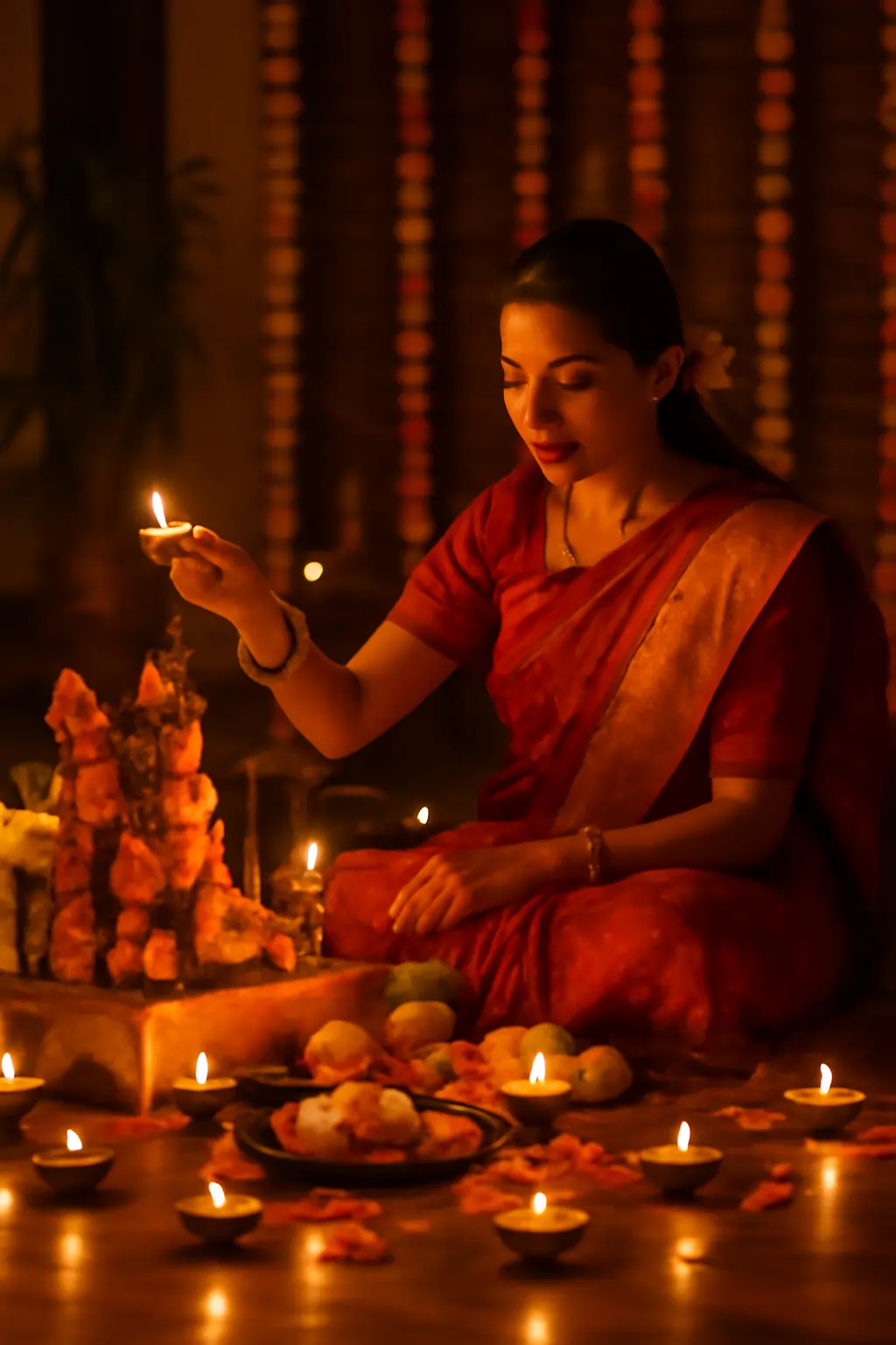 Woman in red sari lighting oil lamps during home puja, surrounded by flowers, sweets, and diyas.