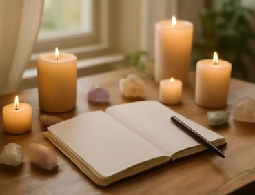 Cozy wooden desk with lit candles, open journal, pen, and scattered crystals near window