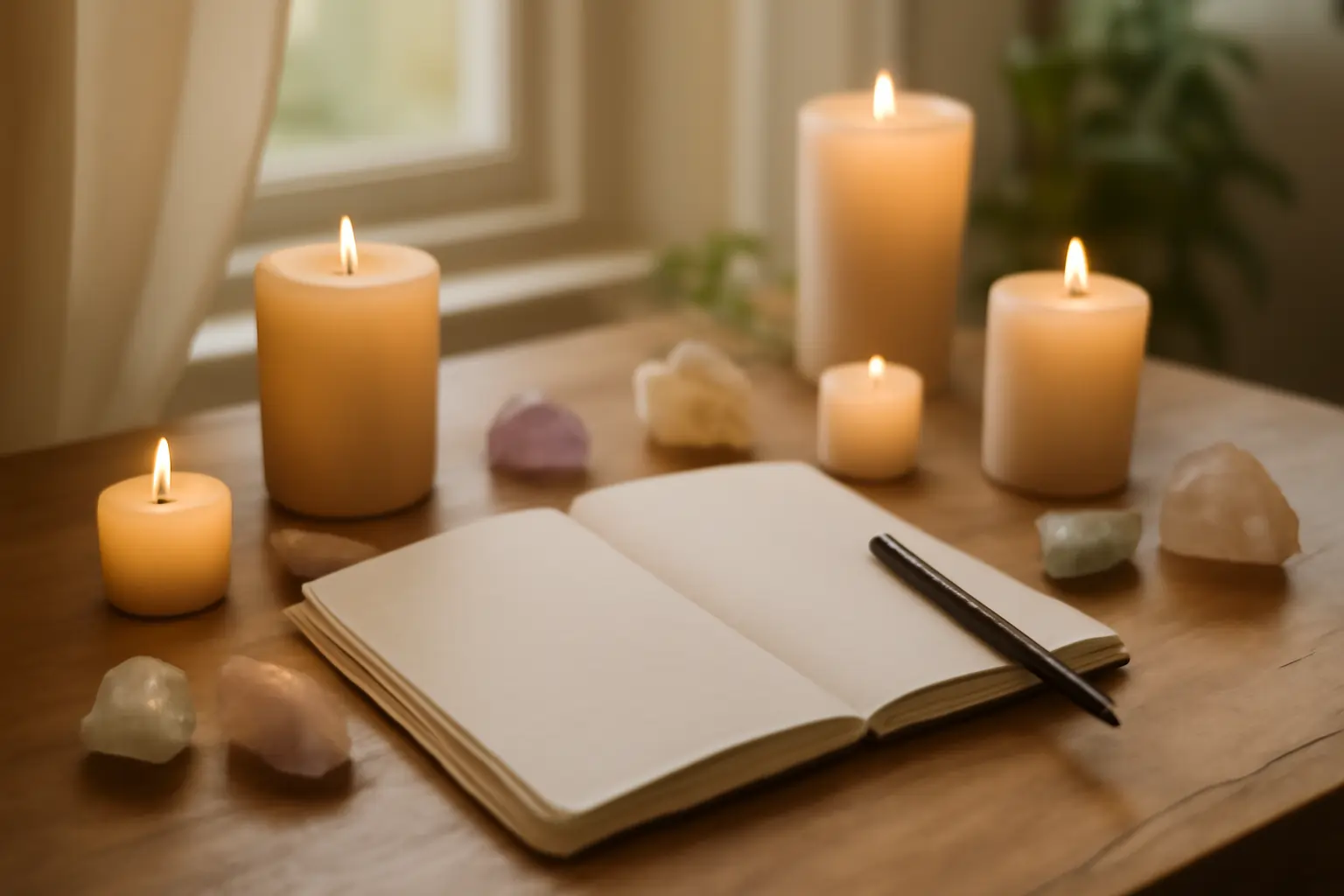 Cozy wooden desk with lit candles, open journal, pen, and scattered crystals near window