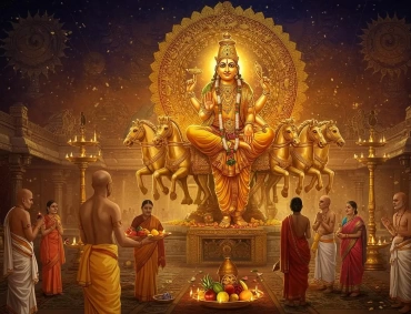 Priest performs sunrise river puja before Surya image, offering flame, lamps, fruits, flowers.