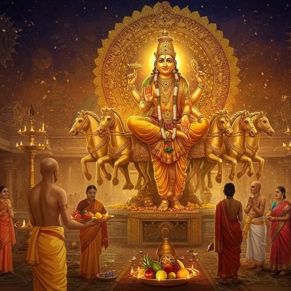 Priest performs sunrise river puja before Surya image, offering flame, lamps, fruits, flowers.