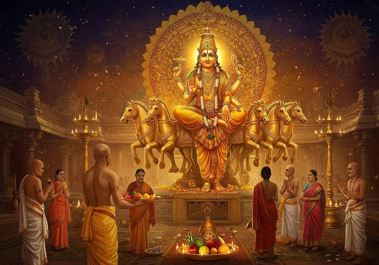 Priest performs sunrise river puja before Surya image, offering flame, lamps, fruits, flowers.