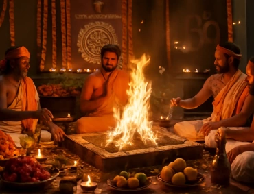 Priests sit around a blazing havan kund, offering ghee and prayers amid marigold garlands and lamps.