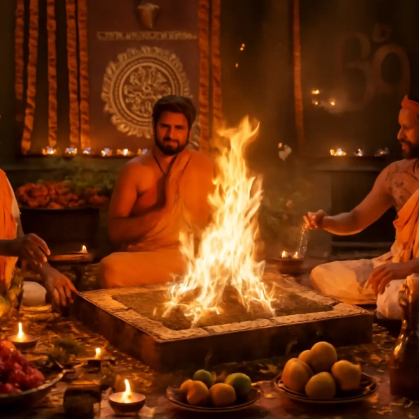 Priests sit around a blazing havan kund, offering ghee and prayers amid marigold garlands and lamps.