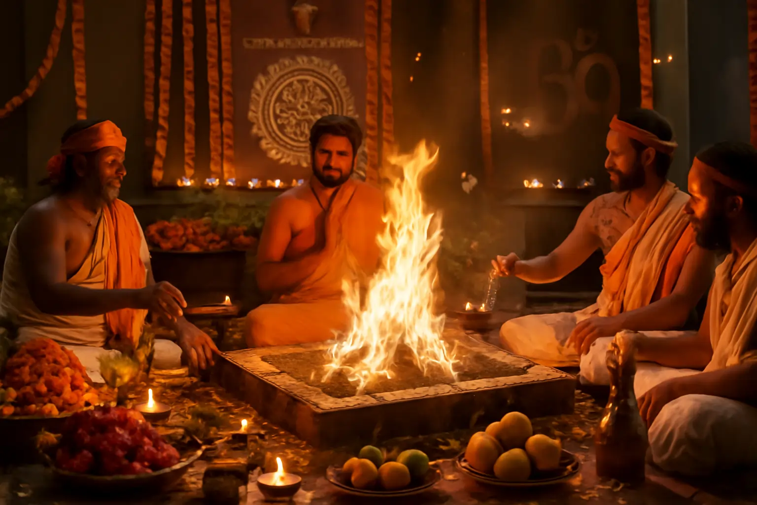 Priests sit around a blazing havan kund, offering ghee and prayers amid marigold garlands and lamps.