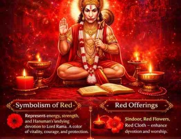 The Power of Red in Hanuman Worship infographic showing Lord Hanuman in red attire, symbolism of red color, offerings like sindoor and red flowers, and practical ritual uses