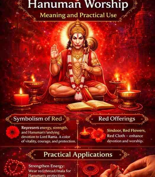 The Power of Red in Hanuman Worship infographic showing Lord Hanuman in red attire, symbolism of red color, offerings like sindoor and red flowers, and practical ritual uses