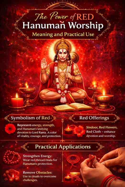 The Power of Red in Hanuman Worship infographic showing Lord Hanuman in red attire, symbolism of red color, offerings like sindoor and red flowers, and practical ritual uses