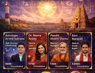 Top astrologers in Chennai 2025 banner with zodiac wheel, temple landmarks, astrologer profiles, and consultation fees