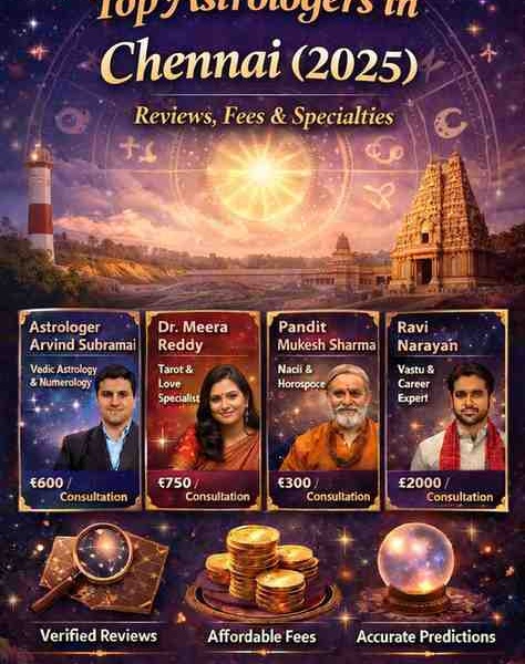 Top astrologers in Chennai 2025 banner with zodiac wheel, temple landmarks, astrologer profiles, and consultation fees