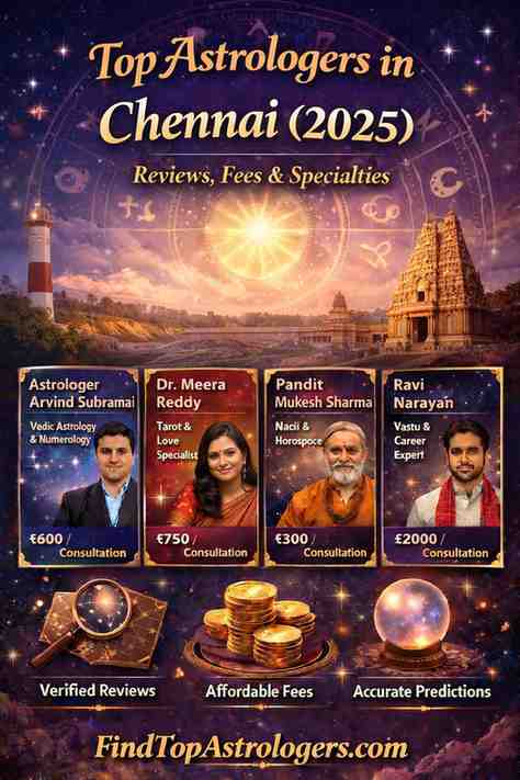 Top astrologers in Chennai 2025 banner with zodiac wheel, temple landmarks, astrologer profiles, and consultation fees