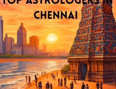 Sunset beach scene with Chennai temple gopuram, city skyline, people strolling, headline reads Top Astrologers.