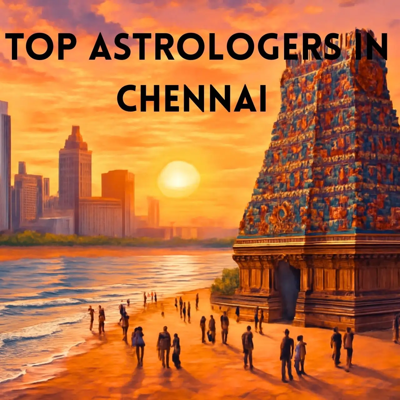 Sunset beach scene with Chennai temple gopuram, city skyline, people strolling, headline reads Top Astrologers.
