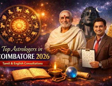 Top astrologers in Coimbatore 2026 offering Tamil and English consultations with zodiac wheel, Vedic astrologers, and Adiyogi Shiva statue background