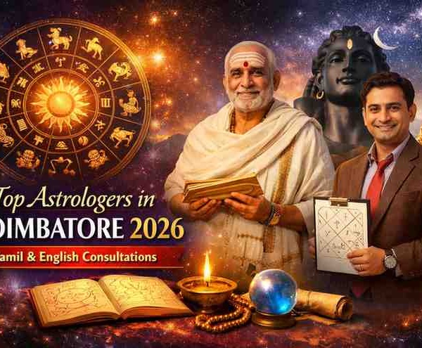 Top astrologers in Coimbatore 2026 offering Tamil and English consultations with zodiac wheel, Vedic astrologers, and Adiyogi Shiva statue background