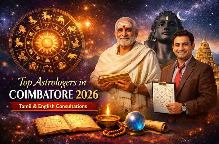Top astrologers in Coimbatore 2026 offering Tamil and English consultations with zodiac wheel, Vedic astrologers, and Adiyogi Shiva statue background