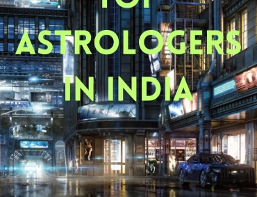 Futuristic rainy city street with neon signs and bold green headline reading Top Astrologers in India.