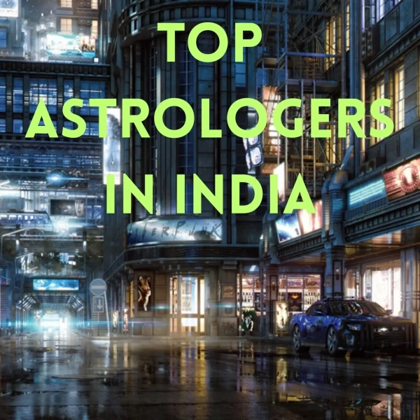 Futuristic rainy city street with neon signs and bold green headline reading Top Astrologers in India.