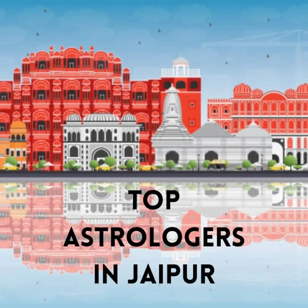 Illustrated Jaipur skyline featuring Hawa Mahal and temples, mirrored in water, captioned “Top Astrologers in Jaipur.”