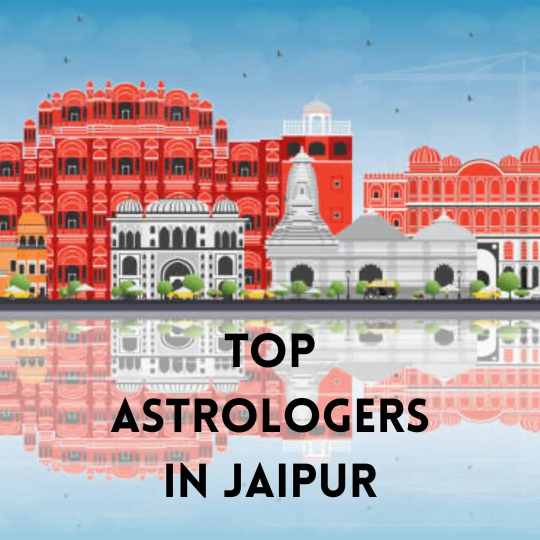 Illustrated Jaipur skyline featuring Hawa Mahal and temples, mirrored in water, captioned “Top Astrologers in Jaipur.”