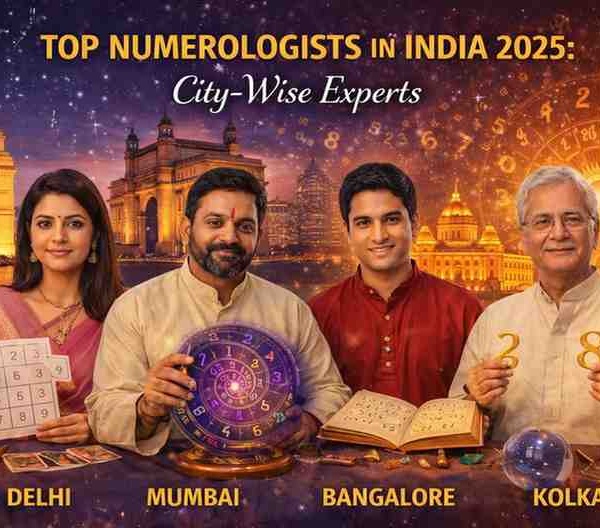 Top numerologists in India 2025 showcasing city-wise experts from Delhi, Mumbai, Bangalore, and Kolkata with numerology charts and tools
