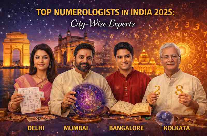 Top numerologists in India 2025 showcasing city-wise experts from Delhi, Mumbai, Bangalore, and Kolkata with numerology charts and tools