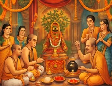 Priests performing Tulsi Vivah ritual before a decorated Tulsi plant idol with garlands, offerings, and family devotees in a temple setting