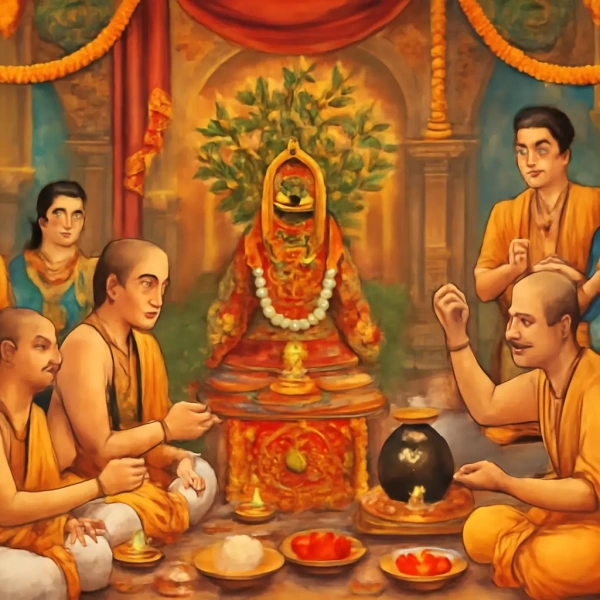 Priests performing Tulsi Vivah ritual before a decorated Tulsi plant idol with garlands, offerings, and family devotees in a temple setting