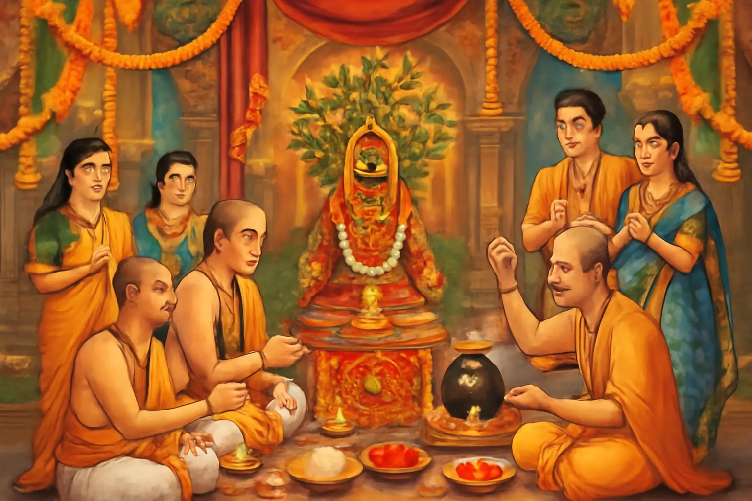 Priests performing Tulsi Vivah ritual before a decorated Tulsi plant idol with garlands, offerings, and family devotees in a temple setting