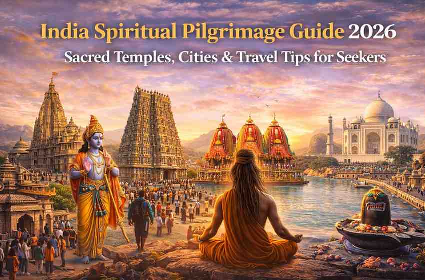 India spiritual pilgrimage guide 2026 showing sacred temples, holy cities and travel routes for seekers