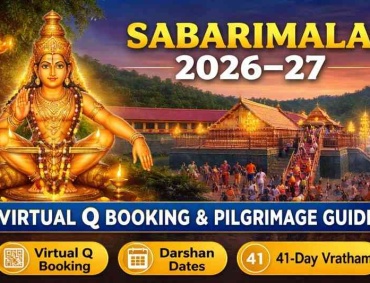 Sabarimala Temple 2026–27 Virtual Q Booking and Pilgrimage Guide featuring Lord Ayyappa, temple crowd, 41-day Vratham and darshan dates.