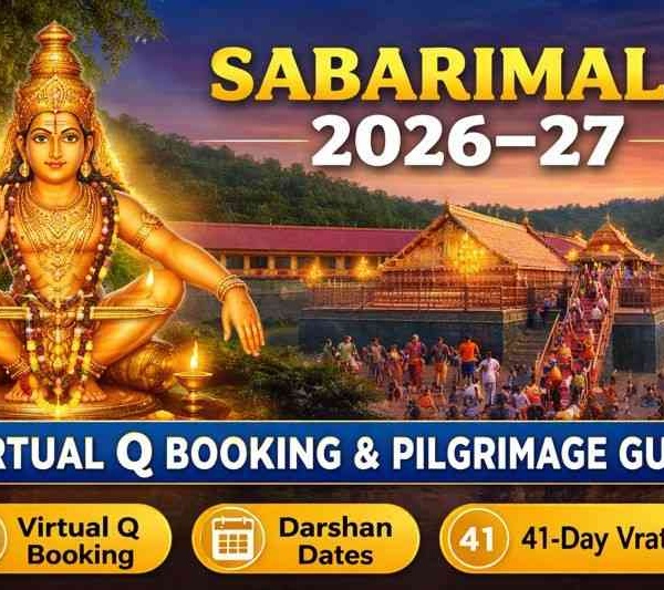 Sabarimala Temple 2026–27 Virtual Q Booking and Pilgrimage Guide featuring Lord Ayyappa, temple crowd, 41-day Vratham and darshan dates.