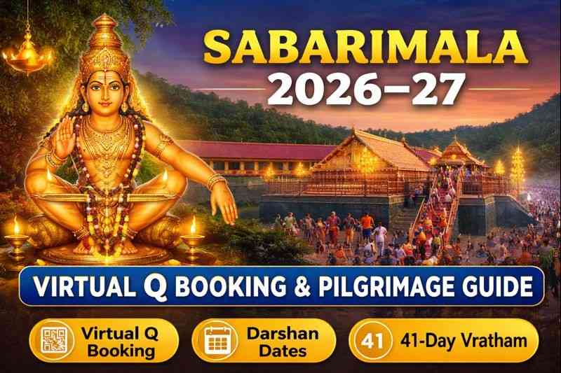 Sabarimala Temple 2026–27 Virtual Q Booking and Pilgrimage Guide featuring Lord Ayyappa, temple crowd, 41-day Vratham and darshan dates.
