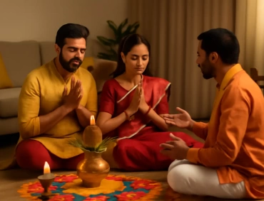 Devotees performing Santan Sukh Puja to seek blessings of Lord Shiva and Goddess Parvati.