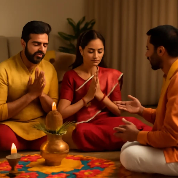 Devotees performing Santan Sukh Puja to seek blessings of Lord Shiva and Goddess Parvati.