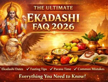 Lord Vishnu with fasting foods and temple background for The Ultimate Ekadashi FAQ 2026 guide covering dates, fasting rules and Parana timing.”