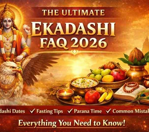 Lord Vishnu with fasting foods and temple background for The Ultimate Ekadashi FAQ 2026 guide covering dates, fasting rules and Parana timing.”