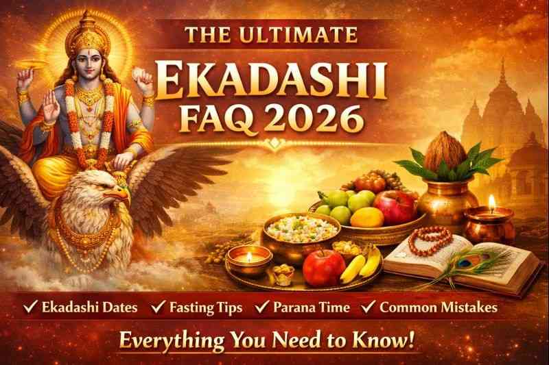 Lord Vishnu with fasting foods and temple background for The Ultimate Ekadashi FAQ 2026 guide covering dates, fasting rules and Parana timing.”