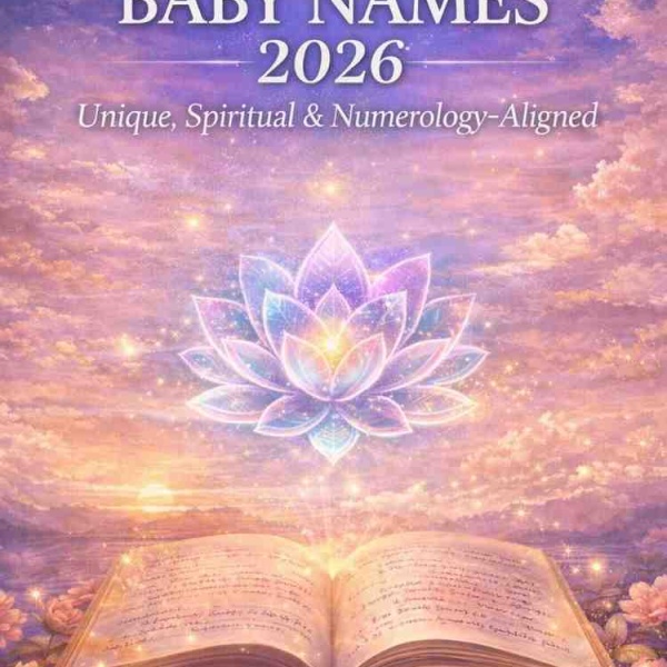 Feature illustration for Modern Hindu Baby Names 2026 blog showing mystical lotus, open book, and pastel spiritual background with the title.