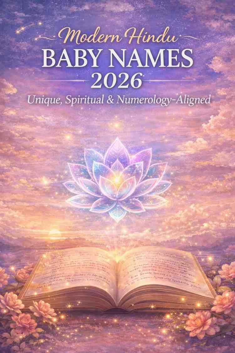 Feature illustration for Modern Hindu Baby Names 2026 blog showing mystical lotus, open book, and pastel spiritual background with the title.
