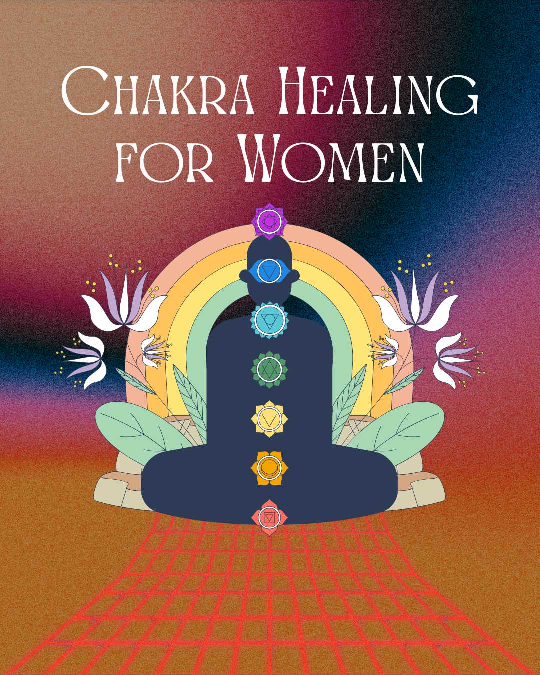 Poster on chakra healing for women with spiritual symbols and energy balance theme.