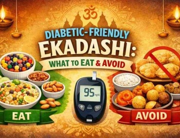 Feature image showing diabetic-friendly Ekadashi foods to eat and foods to avoid, with temple background, glucometer, nuts, fruits, salads on the “Eat” side and sweets, fried foods, and rice on the “Avoid” side.