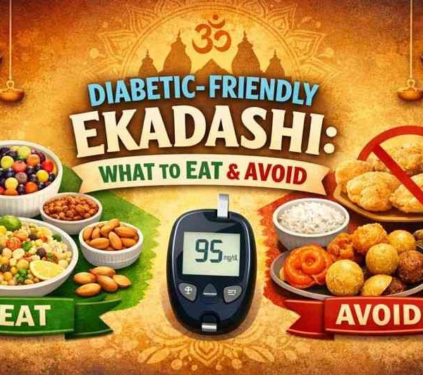 Feature image showing diabetic-friendly Ekadashi foods to eat and foods to avoid, with temple background, glucometer, nuts, fruits, salads on the “Eat” side and sweets, fried foods, and rice on the “Avoid” side.