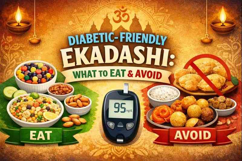 Feature image showing diabetic-friendly Ekadashi foods to eat and foods to avoid, with temple background, glucometer, nuts, fruits, salads on the “Eat” side and sweets, fried foods, and rice on the “Avoid” side.